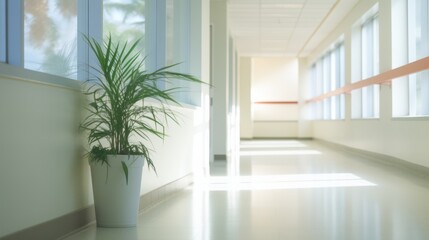 A photorealistic image of a blurred hospital corridor with a plant on a shelf.