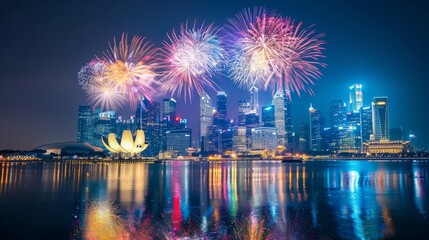 Breathtaking display of multicolored fireworks over Singapores iconic skyline celebrating National Day with ample space for text