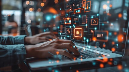 Hands Typing on Laptop with Futuristic Digital Interface