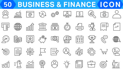 Finance and business line icons collection. Big UI icon set in a flat design. Thin outline icons pack. Vector illustration