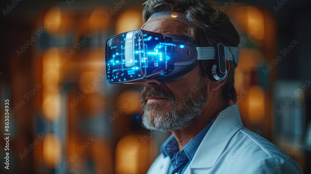 Poster A photorealistic image of a doctor wearing a lab coat and using a holographic medical interface to examine a patient.