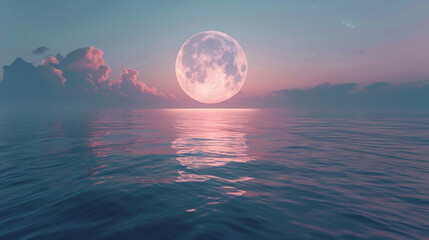 Spectacular view of a full moon rising over a calm ocean.
