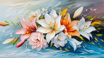 Stunning palette knife oil painting of wedding bouquets with lilies, heavy paint application for 3D effect, rich colors and intricate details, perfect for a luxurious and elegant aesthetic