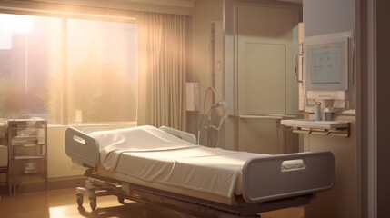 A serene hospital room bathed in warm, natural light, with a patient peacefully resting in a bed, their face softly illuminated.