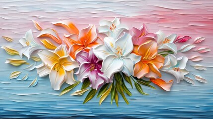 Stunning palette knife oil painting of wedding bouquets with lilies, heavy paint application for 3D effect, rich colors and intricate details, perfect for a luxurious and elegant aesthetic