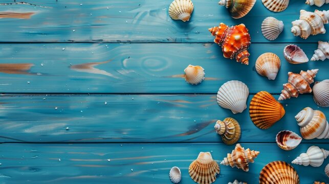 Many beautiful colorful exotic seashells with selective focus on blue wooden textured background Summer vacation backdrop