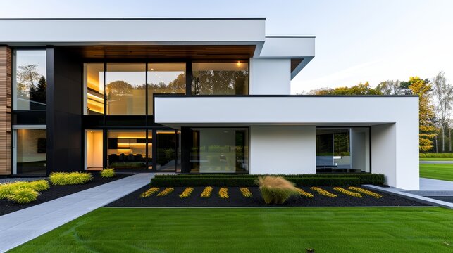 Stylish modern home, flat roof, wood and glass exterior, pristine lawn with simple yet elegant garden, 32k ultra HD, showcasing refined modern aesthetics