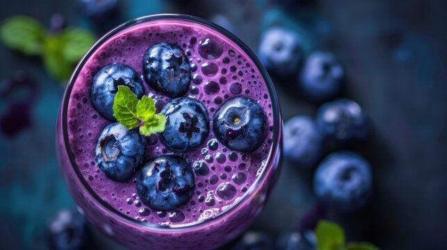 Smoothie Glass Top View with Fresh Blueberry. Healthy and Sweet Berry Fruit Drink