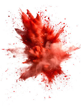 Explosion of red powder, red dust splashing with smoke on transparent background