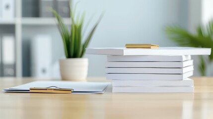 Tidy pile of documents stacked neatly on a polished office table, surrounded by modern office supplies, suggesting a well-organized workspace