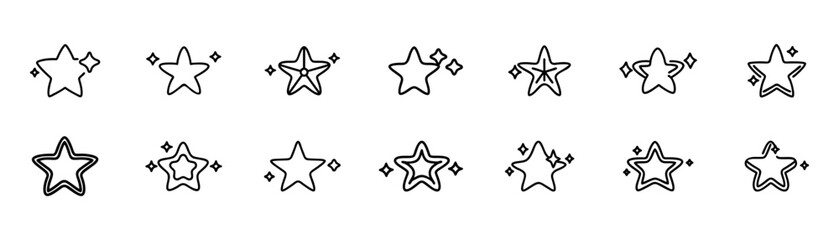 Star glitter line doodle set. Star shine, sparkling shine, sparkling light vector illustration. Hand drawn in doodle style