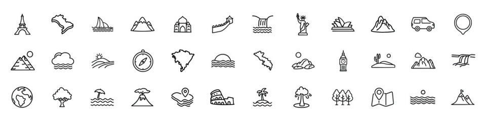 Obraz premium Tour and travel outline icon set vector illustration