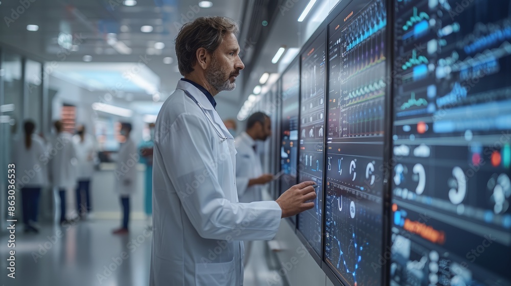Poster A team of doctors collaborating around a large digital display, analyzing patient data and making treatment decisions in real time.