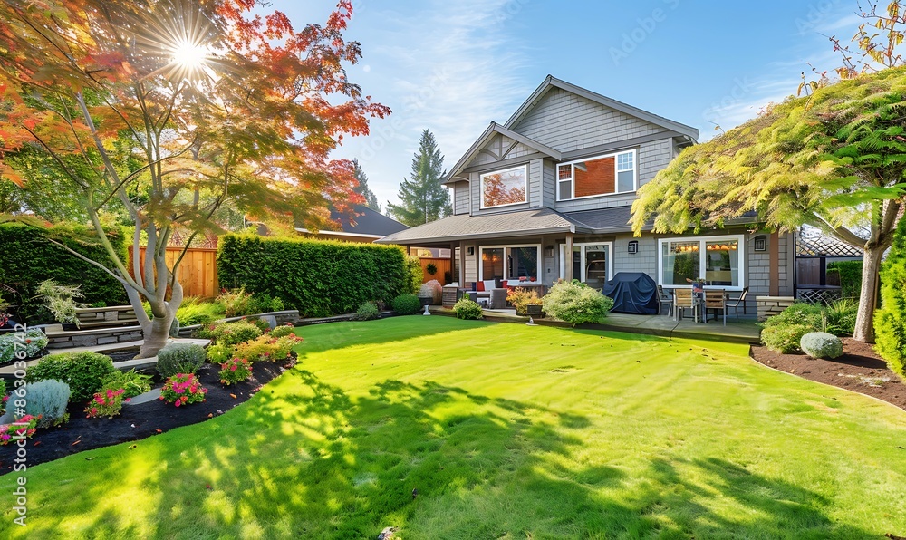 Wall mural Gorgeous Backyard with Well-Kept Lawn, Colorful Flowerbed, and Healthy Shrubs Under the Warm Sunshine