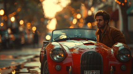 Naklejka premium Vintage car and cool guy, looking away