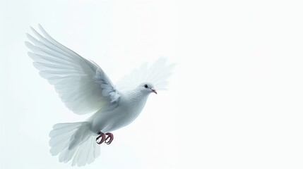 Obraz premium Beautiful white dove in mid-flight against a light background. Elegant bird flapping its wings. Perfect for peace-themed projects or nature wallpapers. Soft, serene, and simple composition. AI