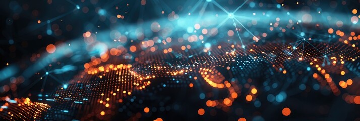 Futuristic digital technology background with glowing neon lights and abstract data visualization, ideal for high-tech themes.