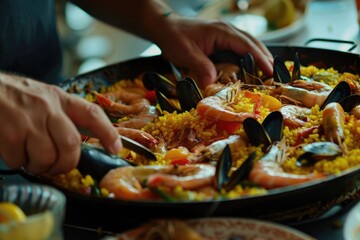 Traditional Spanish seafood paella cooked for family dinner.