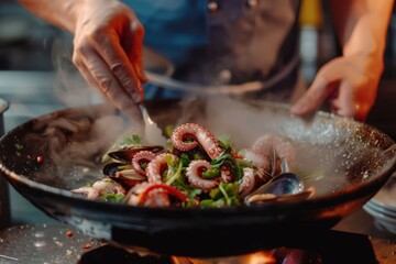 Professional chef prepares spicy seafood dishes with Asian and Mexican flavors.