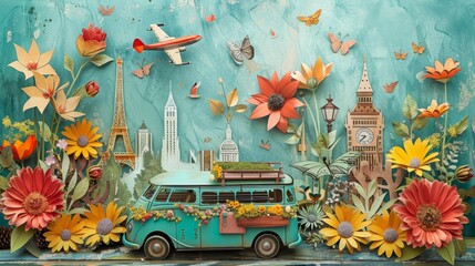 A vibrant and artistic illustration featuring a vintage teal van adorned with flowers, surrounded by large, colorful paper flowers, and iconic landmarks like the Eiffel Tower and Big Ben, with butterf