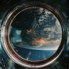 A spacecraft window showing a reflection of the galaxy, high-tech, detailed, futuristic, cosmic, reflective