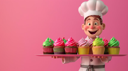3d cartoon chef with a tray of Colorful Cupcakes