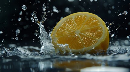 Lemon in a cut with drops of water that emphasize juiciness and freshness. Black background. Fruit mix. A healthy drink