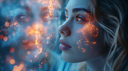 Mental health visualization Woman experiencing seasonal affective disorder SAD glowing depiction of brain showing areas affected by seasonal mood changes