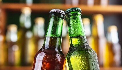 A toast with beer bottles. Background of a bar. Nobody in the picture. Closeup.
