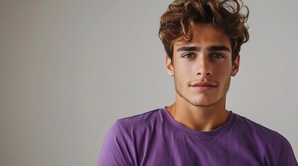 Fototapeta premium A male model with a confident pose, wearing a plain purple t-shirt, standing against a plain white background. The image has high clarity and sharp focus, with clear, even lighting that enhances the