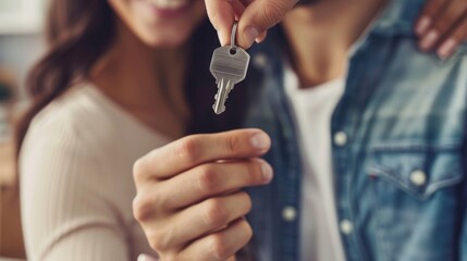 Fototapeta premium couple embrace smile and happy owners holding keys