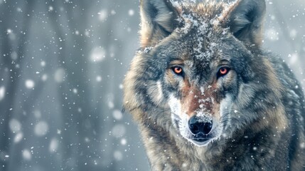 portrait of an intense redeyed canis lupus wolf in the snowy wilderness, displaying its powerful and enigmatic gaze © Adi