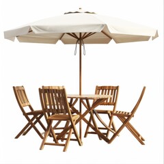 Chairs Isolated. Stylish Wooden Chairs and Table for Outdoor Dining at Beach Cafe with Umbrella