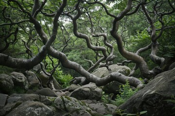 Twisted Trees in Summer Forest. Enchanted Nature of Padley Gorge in Peak District, UK