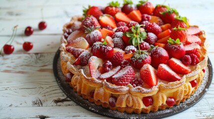 Round cake decorated with fresh summer fruits powdered with sugar, freshly baked homemade pastry topped with strawberries,