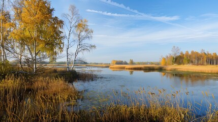 Obraz premium View of the marsh in the autumn Leningrad region Russia : Generative AI