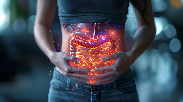 Pancreas health visualization Woman chronic pancreatitis glowing depiction of the pancreas showing longterm inflammation and damage