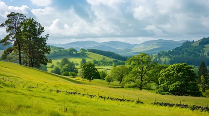 Fototapeta premium Green meadow trees and hills Scotland : Generative AI
