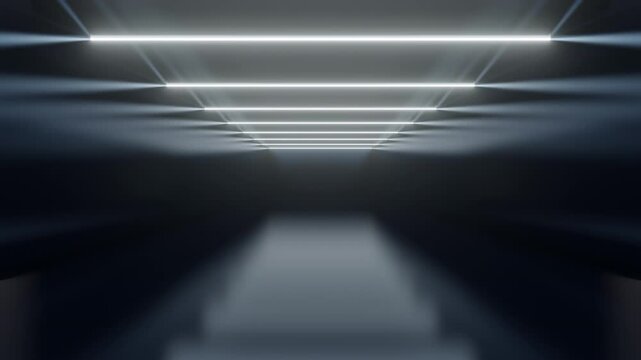 Abstract seamless looped animation of space from glowing neon light tubes of astera on black background and moving forward within a dark tunnel. 4K footage video loop. Empty space. 3d animation 