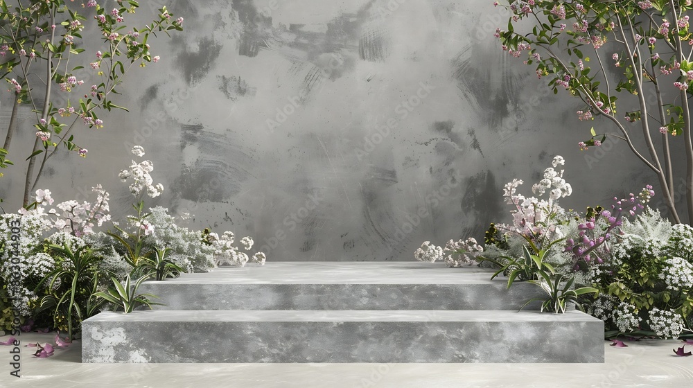 Poster Front view of the stone podium showcases products in a garden with flowers plants and branches Empty platform : Generative AI
