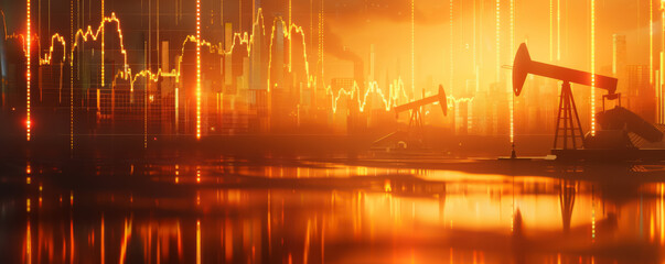 Digital style of oil streams and pump jacks, featuring stock charts, financial graphs, holograms, and golden light rays in double exposure