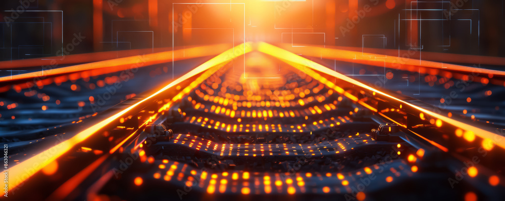 Poster Railway tracks with futuristic digital background, featuring data and graphs that highlight technological advancements in train transport
