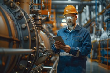 Industrial Engineer Using Tablet for Machinery Inspection in Factory