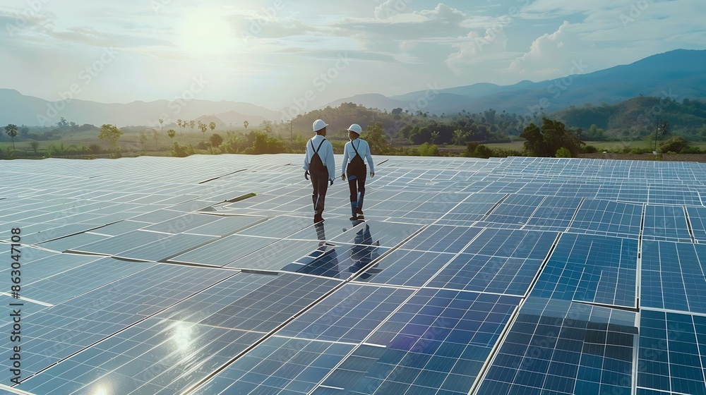Poster The solar farmsolar panel with two engineers walk to check the operation of the system Alternative energy to conserve the worlds energy Photovoltaic module idea for clean energy produc : Generative AI