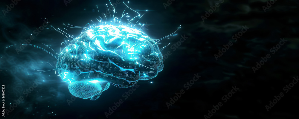 Poster 3D rendering of circuit board brain on black background, soft blue and white lighting, creating an innovative atmosphere