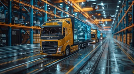 Yellow Semi-Truck Traveling Through Modern Warehouse