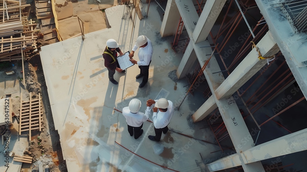 Leinwandbilder Top view Team engineer building inspection use tablet computer and blueprint working at construction site Civil Engineer Contractor and Architect discussing in construction site : Generative AI