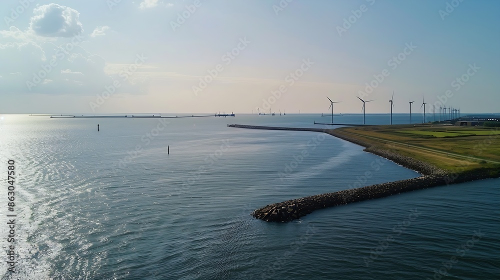 Poster Windmill park in the ocean aerial view with wind turbine Flevoland Netherlands Ijsselmeer Green Energy production in the Netherlands : Generative AI