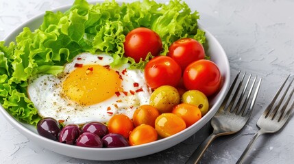 Healthy breakfast with fried egg, fresh vegetables, and mixed fruits. Balanced meal perfect for a nutritious start to the day.