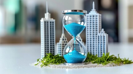 A miniature cityscape with an hourglass in the center, representing time and urban growth
